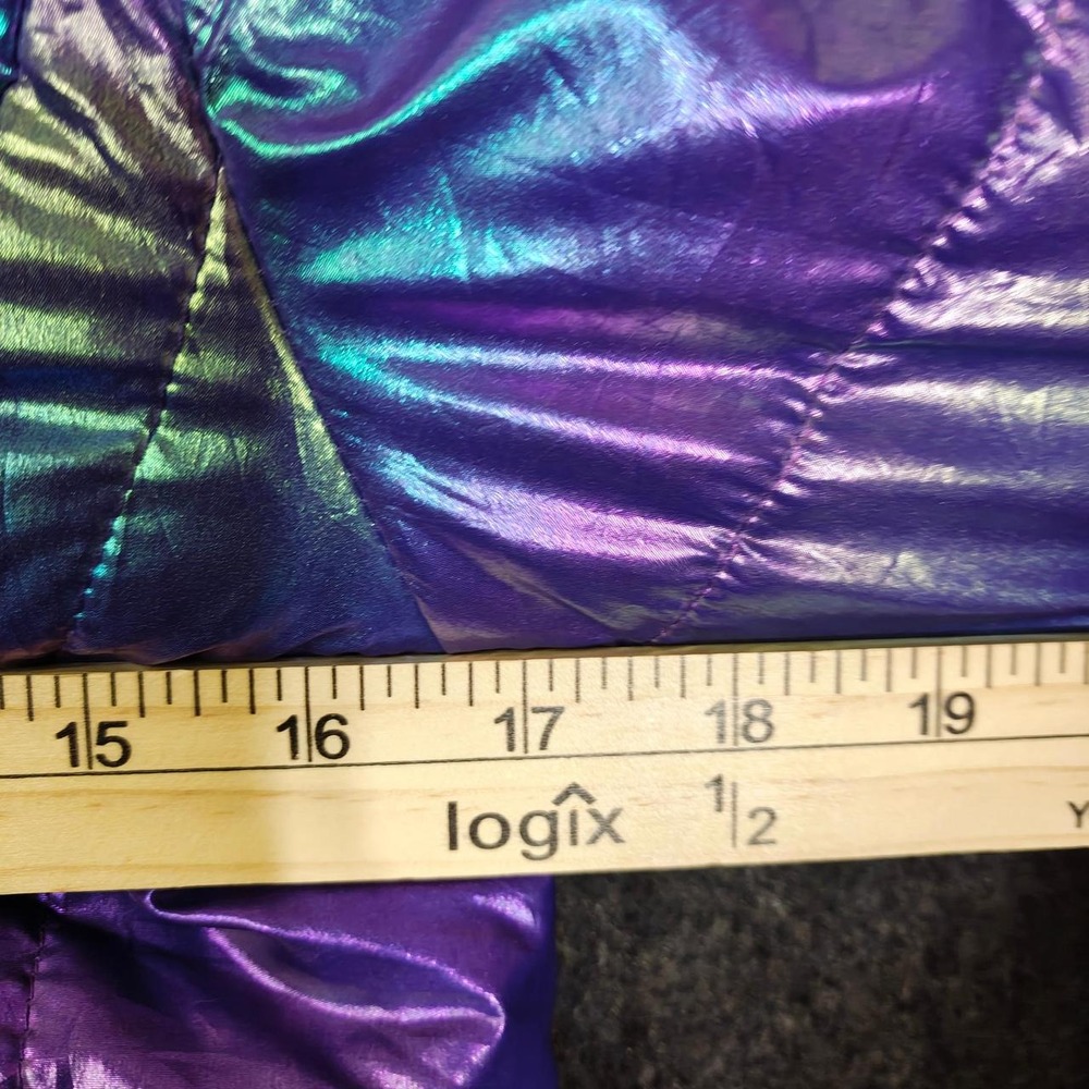 SO Girls Iridescent Puffer Jacket Purple Blue Metallic Hooded Coat Size 14/16 - Picture 4 of 5